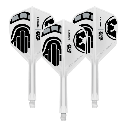 Target Star Wars K-Flex Stormtrooper No6-vluchten Abgebildet ist ein Dartflügel-Set im Star Wars Design mit dem Namen 'Stormtrooper No6 Flights Intermediate 26mm'. Das Set eignet sich für den Austausch von Dartflügeln.
