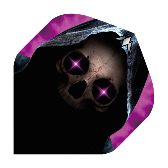 Mission Solo Phantom No2 Standaardvluchten Das Bild zeigt ein Dartflight mit einem Totenkopf in einer dunklen Kapuze. Die Augen des Schädels leuchten in einem auffälligen Lila mit Sternenform.