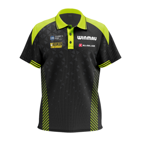 Winmau Michael Van Gerwen Stage poloshirt Das Bild zeigt das Winmau Michael Van Gerwen Stage Poloshirt. Das Shirt ist im Stil des bekannten Dartspielers gehalten.