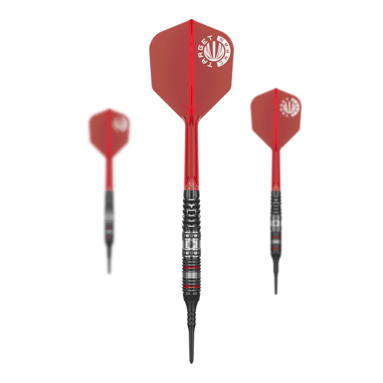 Das Bild zeigt drei Softdarts aus der Serie "Target Japan Prime Series Diamond GEN3" mit einem Gewicht von 18g. Die Darts haben rote Flights und schwarze Spitzen.