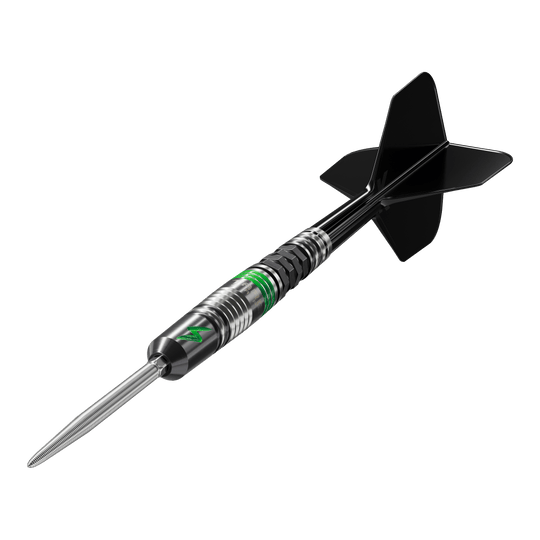 Target Japan Black Marque Lightning 3 SP steel darts Das Bild zeigt den Target Japan Black Marque Lightning 3 SP Steeldart. Der Dartpfeil ist schwarz-silber mit grünen Akzenten und hat schwarze Flights.
