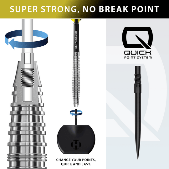 Harrows NX90 Taps Toelopende Quick Point Stalen Darts Harrows NX90 Tapered Quick Point Steeldarts sind auf diesem Bild abgebildet. Die Darts besitzen ein modernes, schlankes Design.