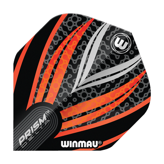 Winmau Prism Delta Zwart Wit Oranje Nr. 2 Standaardvluchten Das Bild zeigt ein Dart-Flight der Marke Winmau mit dem Namen "Prism Delta Schwarz Weiß Orange No2 Standard Flights". Das Design besteht aus schwarzen, weißen und orangefarbenen Streifen mit einem modernen Muster.