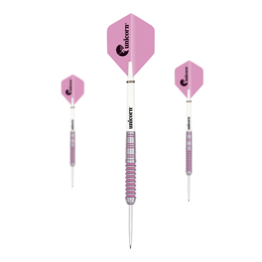 Unicorn Handtekening Steeldarts Das Bild zeigt drei Unicorn Autograph Steeldarts mit rosa Flights. Die Darts haben eine weiße Mitte und einen geriffelten, silber-rosa Schaft.