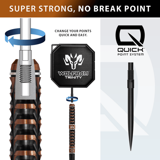 Harrows Tungsten Trinity Quick Point stalen dartpijlen Auf diesem Foto sind die Harrows Wolfram Trinity Quick Point Steeldarts dargestellt. Das Design dieser Darts betont Präzision und Stabilität.