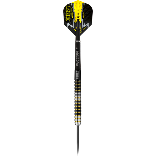 HAXXXXX_Harrows_Chizzy_Steeldarts_1 Auf dem Bild ist ein Harrows Dave Chisnall Chizzy Steeldart zu sehen. Der Dartpfeil hat auffällige gelbe und schwarze Akzente.
