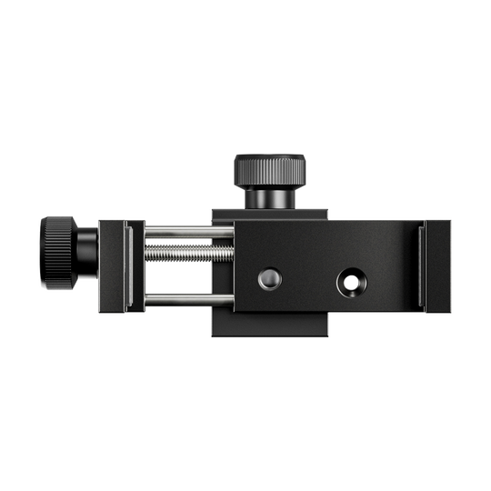 460003_Target_MOD_Mount_Handyhalterung_3 Das Bild zeigt die Target MOD Mount Handyhalterung in schwarzer Farbe. Die Halterung besteht aus robustem Material und verfügt über verstellbare Schrauben zur sicheren Befestigung eines Smartphones.