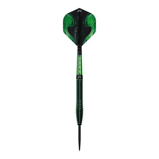 Mission Venom stalen darts Das Bild zeigt einen Mission Venom Steeldart mit einem auffälligen, grünen Design. Der Schaft und die Flights haben ein modernes Muster, das an Schlangenhaut erinnert.