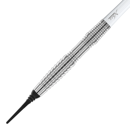 Das Bild zeigt einen Red Dragon Seren 3 Pure Softdart mit einem Gewicht von 20g. Der Dart hat einen silberfarbenen, geriffelten Metallkörper und eine schwarze Spitze.