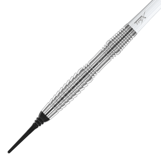 Red Dragon Seren 3 Pure Softdarts - 20g Das Bild zeigt einen Red Dragon Seren 3 Pure Softdart mit einem Gewicht von 20g. Der Dart hat einen silberfarbenen, geriffelten Metallkörper und eine schwarze Spitze.