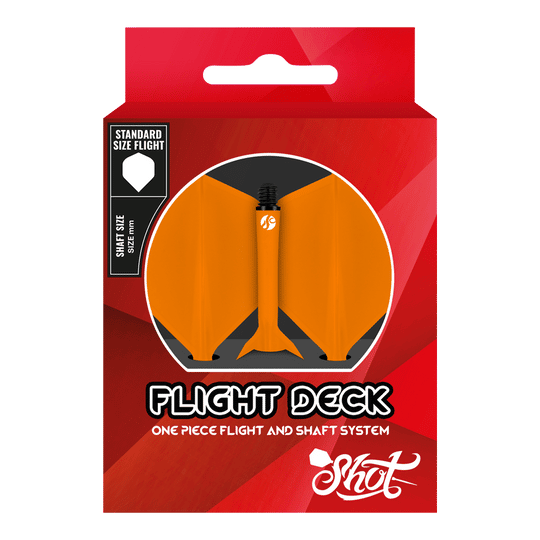 Das Bild zeigt das Produkt "Shot Flight Deck No2 Standard Flight-System - Orange" in seiner Verpackung. Die Verpackung ist rot und das Flight-System ist in leuchtendem Orange sichtbar.