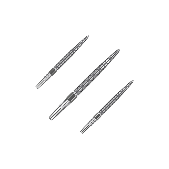 Target Swiss Diamond Pro Silver Points dartpunten Das Bild zeigt drei silberne Dartspitzen mit einem rautenförmigen Muster. Sie sind nebeneinander auf einem neutralen Hintergrund angeordnet.