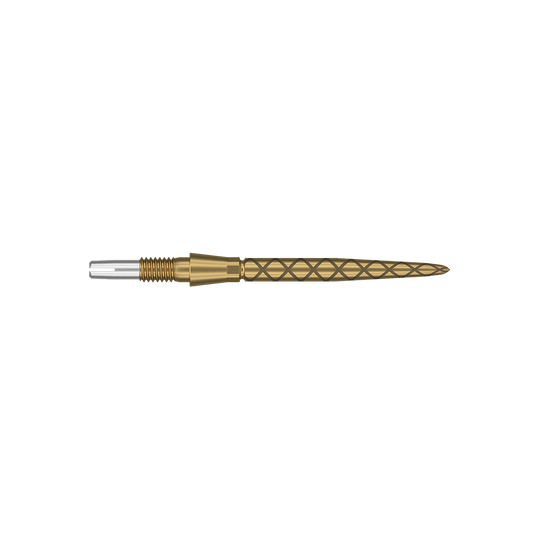 Target Swiss Storm Diamond Point Dartpunten - Goud Dies ist eine goldfarbene Dartspitze mit einem diamantförmigen Muster. Sie ist schlank, länglich und hat eine Länge von 26 mm.