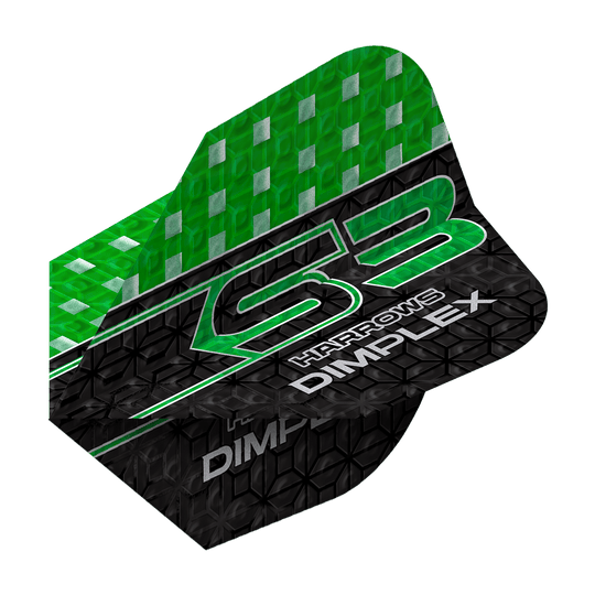 Harrows Dimplex S3 Flights - Groen Das Bild zeigt einen grünen und schwarzen Dartflight mit der Aufschrift "Harrows Dimplex S3". Das obere Drittel ist grün mit silbernen Quadraten, der Rest ist schwarz mit einem Muster und weißen Schriftzügen.