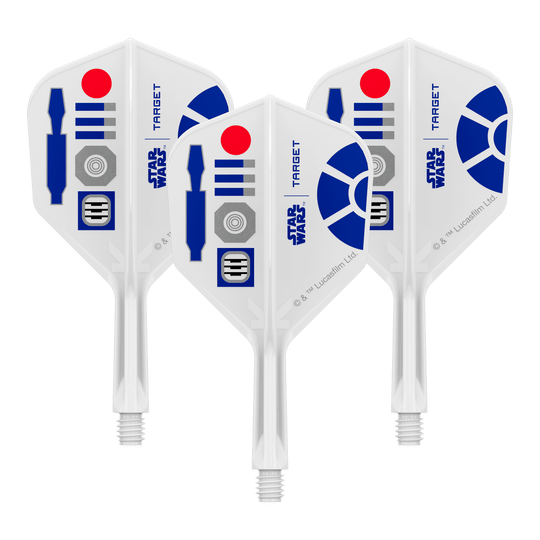 Target Star Wars K-Flex R2D2 No6-vluchten Abgebildet sind Dart-Flights mit Star Wars R2D2 Motiv und dem Dateinamen 410510_Target_StarWars_KFlex_R2D2_No6_Flights_Short_19mm_1Set. Es handelt sich um ein Set kurzer Dart-Flights.