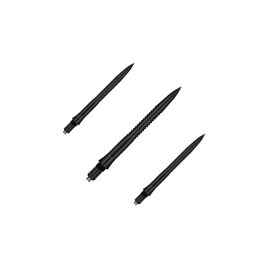 Caliburn EZ-EVO dartpunten - gegroefd - zwart Das Bild zeigt ein Set EVO201 Caliburn EZ-EVO Dartspitzen mit Rillen in Schwarz, jeweils 28 mm lang. Das Set ist ideal für Dartliebhaber und Vielspieler.