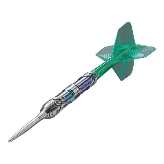 Das Bild zeigt den Target Japan Kaze Series Ceros 03 Steeldart mit einem Gewicht von 24g. Der Dart hat einen silbernen, strukturierten Barrel und grüne Flights.