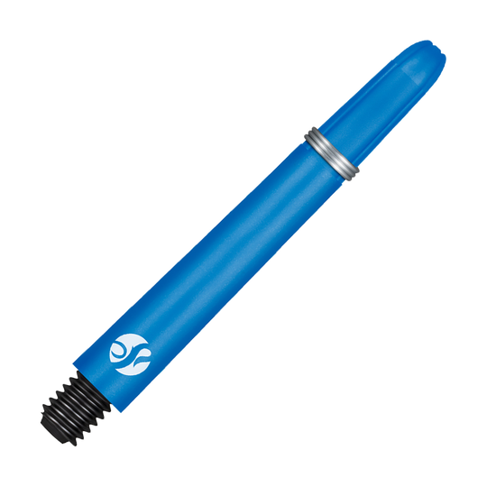 Dies ist ein blauer Carbon-Schaft für einen Dartpfeil. Am unteren Ende befindet sich ein schwarzes Gewinde zum Befestigen.