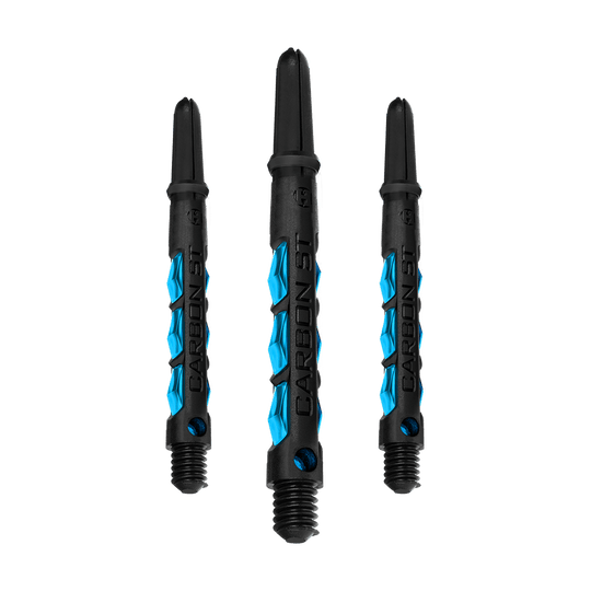 HR412_Harrows_Carbon_ST_Shafts_Aqua_47mm_1c1gU1i6hU0sTO Das Bild zeigt drei Harrows Carbon ST Shafts in der Farbe Aqua. Die Dartschäfte sind schwarz mit blauen Akzenten gestaltet.