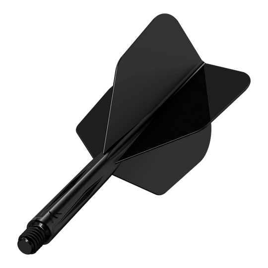 Das Bild zeigt das Produkt "Mission Force 90 No6 Flight-Shaft-System - Schwarz". Es handelt sich um ein schwarzes Dart-Flight- und Schaftsystem in moderner Ausführung.