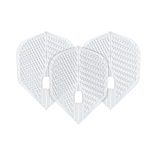 L-Style Flights Dimple Champagne L3PRO Shape Das Bild zeigt drei transparente Darts-Flights in L3PRO Form mit Dimple-Oberfläche. Es handelt sich um das Produkt "L-Style Flights Dimple Champagne L3PRO Shape".