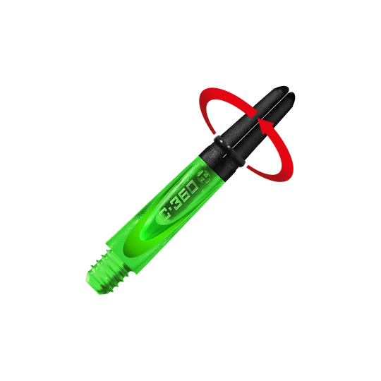 HR452_Harrows_Carbon_360_Shafts_Gr-n_35mm_2_Symbol Das Bild zeigt einen grünen Dart-Schaft mit schwarzem oberen Teil. Auf dem Schaft steht die Aufschrift "C-360".