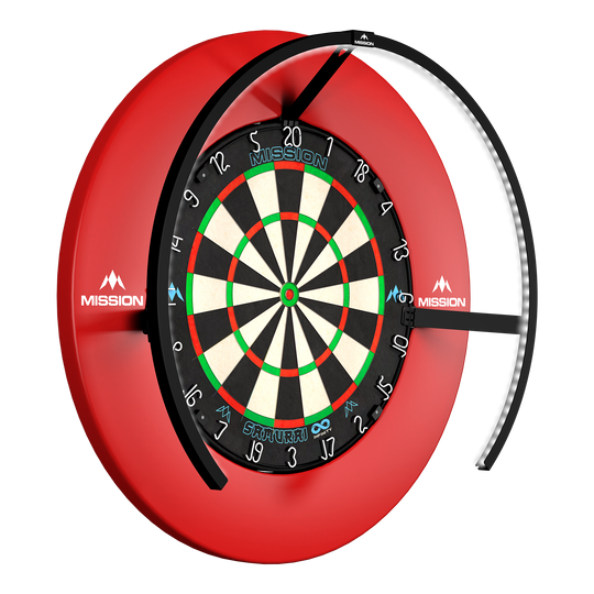 Mission Torus 270 LED Dartbordverlichting - Zwart Zu sehen ist die Mission Torus 270 LED Dartboard Beleuchtung in Schwarz. Diese Beleuchtung verbessert die Sichtbarkeit beim Dartspielen.