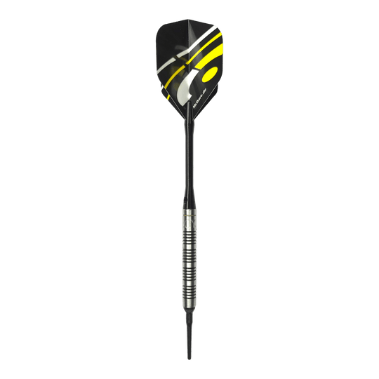 McDart 85 Wolfraam V17 Softdarts - 16,5 g Das Bild zeigt den McDart 85er Tungsten V17 Softdart mit einem Gewicht von 16,5g. Der Dart hat ein modernes Design mit schwarzen und gelben Akzenten auf den Flights.