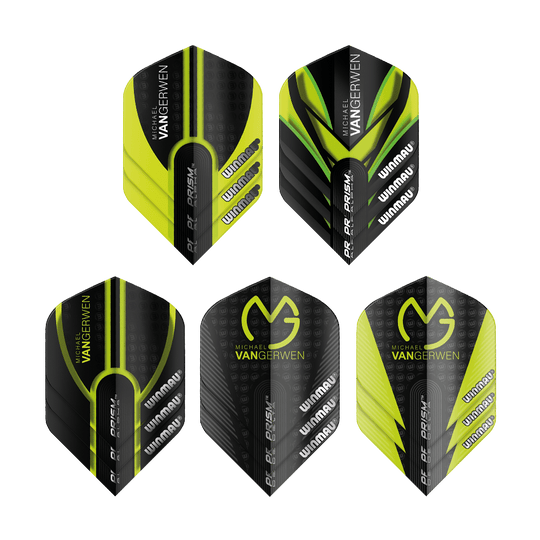 8122_Winmau_MvG_Prism_Flight_Collection_0 Die Winmau MvG Prism Flight Collection präsentiert Dartflights verschiedener Farben und Designs. Die Flights sind fächerförmig angeordnet.