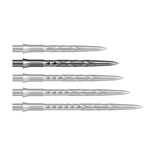 Caliburn System stalen dartpunten - HAN G2 - Zilver Auf dem Bild sind drei silberne Steeldartspitzen nebeneinander zu sehen. Sie haben eine glatte, verdrehte Oberfläche und sind spitz zulaufend.