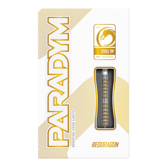 Red Dragon Paradym Gold Parallel Steeldarts Das Bild zeigt die Red Dragon Paradym Gold Parallel Steeldarts. Sie sind parallel geformt und in einer auffälligen Goldfarbe gehalten.
