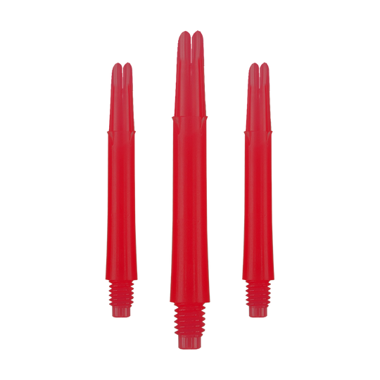 L-L-Style-Shafts Locked Straight - Rood Auf dem Bild sind drei gerade, rote Dartschäfte aus Kunststoff zu sehen. Sie haben Gewinde am unteren Ende und sind ohne Kappen dargestellt.