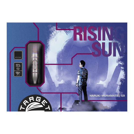 Die Abbildung zeigt die Verpackung der "Target Japan Haruki Muramatsu Rising Sun GEN9 Steeldarts - 23g". Auf der Packung sind ein Dartpfeil, das Logo von Target und ein Mann im Profil sowie der Schriftzug "Rising Sun" zu sehen.