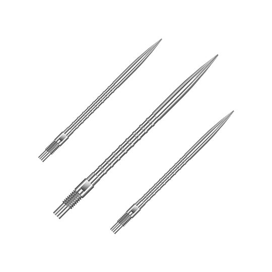 Harrows Quick Point Heavy Metal Dart Tips - Zilver Das Bild zeigt ein Set von silbernen Dartspitzen mit 40 mm Länge. Die Spitzen sind nebeneinander arrangiert.