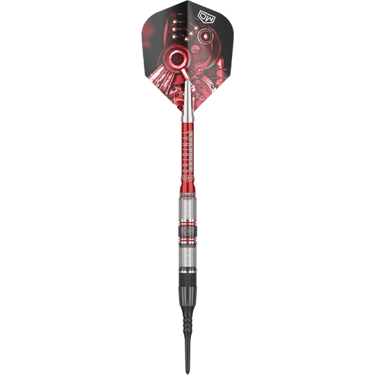 Das Bild zeigt den Softdart "DW Piranha Razor 02". Der Dart hat ein silber-rotes Barrel und auffällige Flights mit einem Zahnrad-Design.