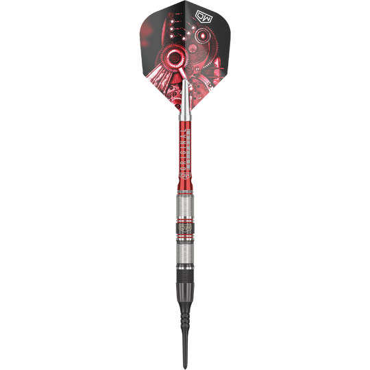 DW Piranha Razor 02 Softdarts Das Bild zeigt den Softdart "DW Piranha Razor 02". Der Dart hat ein silber-rotes Barrel und auffällige Flights mit einem Zahnrad-Design.