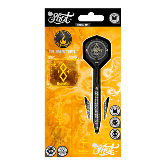 Shot Alchemy Runstel stalen pijlen Das Bild zeigt die Shot Alchemy Runstel Steeldarts. Dieses Produkt sind hochwertige Steeldarts für Dartspieler.