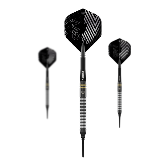 Winmau Gian Van Veen TS zachte dartpijlen - 18g Das Foto zeigt ein Set der Winmau Gian Van Veen TS Softdarts 18g. Alle Darts liegen nebeneinander auf einer ebenen Fläche.