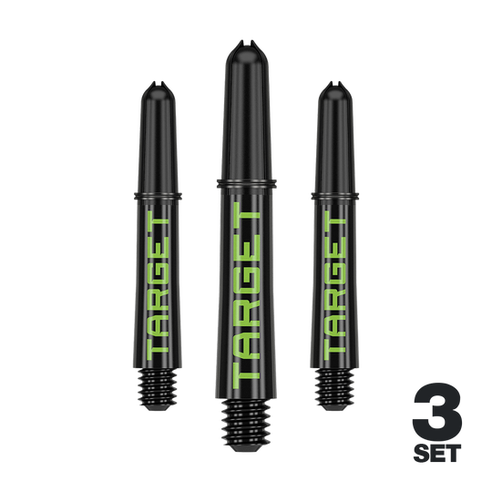 Target Pro Grip TAG Shafts - 3 Sets - Zwart Groen Auf dem Bild sind drei schwarze Dartschäfte mit grünem "TARGET"-Schriftzug zu sehen. Unten rechts steht "3 SET", was darauf hinweist, dass es sich um ein Set aus drei Stück handelt.
