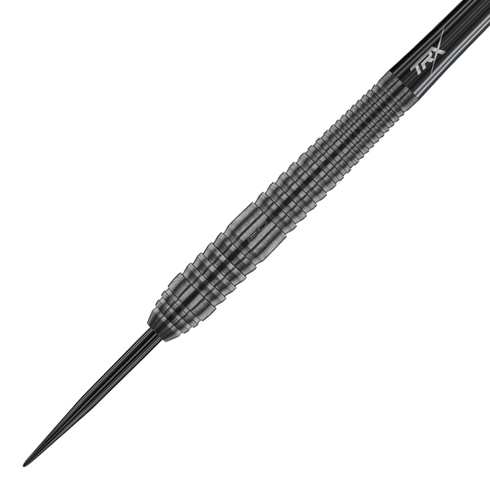 Dies ist ein Bild des Produkts „Red Dragon Seren 2 Onyx Steeldarts“. Der Dartpfeil hat ein dunkles, geriffeltes Design mit einer spitzen Stahlspitze.