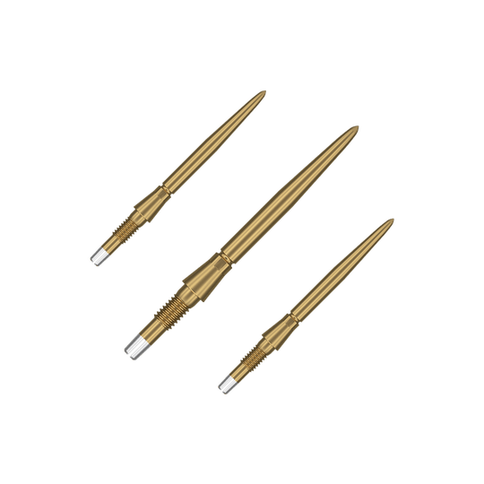 Target Swiss Storm Point Dartpunten - Goud Das Bild zeigt drei goldene Dartspitzen, die nebeneinander angeordnet sind. Sie haben ein schlankes, spitzes Design mit einem silbernen Schraubgewinde am Ende.