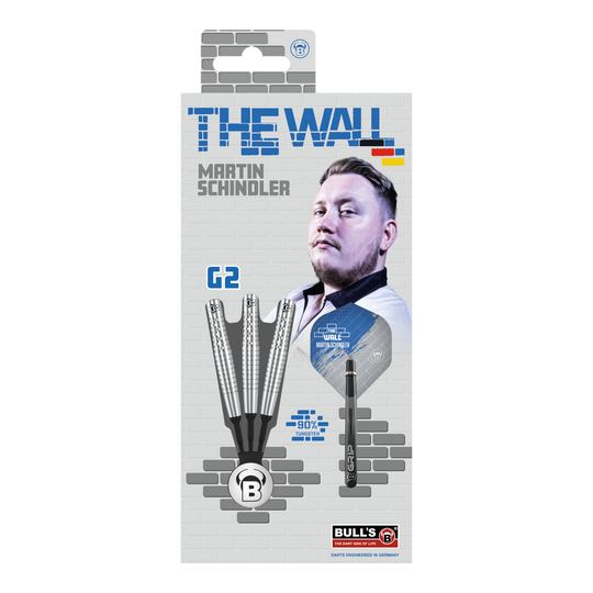 Bulls Martin Schindler Original Generation 2 zachte darts Die Verpackung zeigt die "Bulls Martin Schindler Original Generation 2 Softdarts". Auf der Vorderseite ist ein Bild von Martin Schindler und die Darts selbst abgebildet.