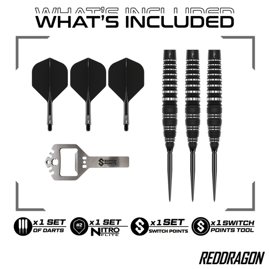 Red Dragon Sable Bom Schakelpunt Stalen Darts Das Bild zeigt die Red Dragon Sable Bomb Switch Point Steeldarts. Die Darts haben ein markantes Design und sind speziell für das Steeldartspiel entwickelt.