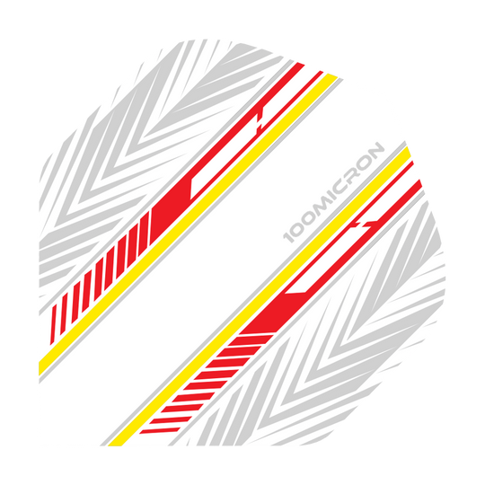 Pentathlon Vluchten wit/rood/geel Das Bild zeigt ein Dartflight in Weiß mit roten und gelben Streifen sowie grauen Mustern. Auf dem Flight steht der Text "100 MICRON".