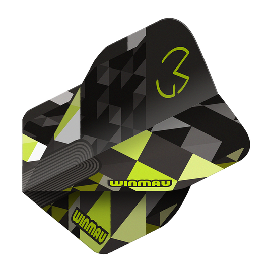 Winmau Prism Delta MvG Logo Groen Nr. 2 Standaardvluchten Das Bild stellt Winmau Prism Delta MvG Logo Green No2 Standard Flights dar. Grüne Dart-Flights mit einem markanten Logo sind abgebildet.