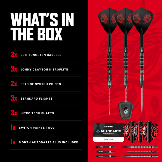 Red Dragon Jonny Clayton RD-ULTRA Switch Point stalen dartpijlen - 22 g Das Foto zeigt die Red Dragon Jonny Clayton RD-ULTRA Switch Point Steeldarts mit einem Gewicht von 22 Gramm. Die Darts werden im Detail präsentiert.