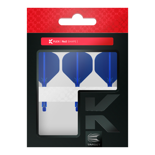 Target K-Flex No2 Standaard Vluchtsysteem - Blauw Die Verpackung enthält drei blaue Dart-Flights im No2-Standard-Format von der Marke Target. Im oberen Bereich steht "K Flex | No2 Shape" auf einem roten Streifen.