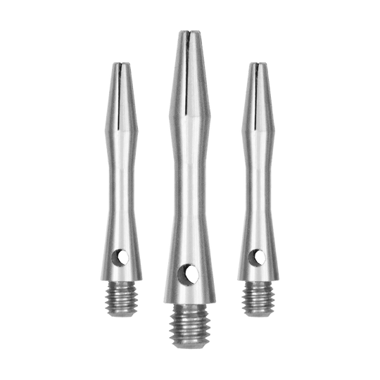 Das Bild zeigt drei silberne Aluminium-Schäfte in verschiedenen Längen. Sie haben ein glattes, metallisches Finish und ein Schraubgewinde am unteren Ende.