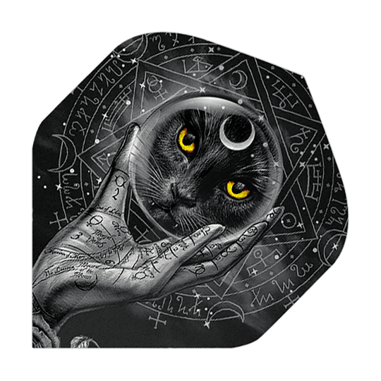Alchemy Grimalkins Glass No2 Standaard Vluchten Das Bild zeigt eine schwarze Katze mit leuchtend gelben Augen in einer Glaskugel, die von einer mit Symbolen verzierten Hand gehalten wird. Im Hintergrund sind mystische Zeichen und Symbole zu sehen.