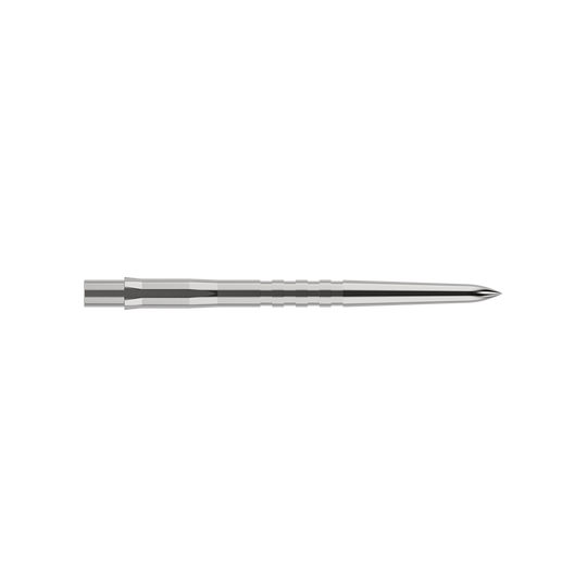 Mission Caliburn EVO dartpunten - gegroefd - zilver Auf dem Bild ist eine silberne, gerillte Steeldartspitze zu sehen. Sie ist schmal, lang und misst 32 mm in der Länge.